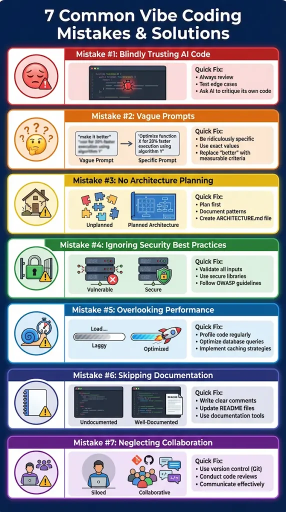 The Complete Guide to Vibe Coding (Beginner to Expert) 2026 5 7 common vibe coding mistakes infographic showing blindly trusting AI code vague prompts no architecture security issues overengineering missing documentation and skipping testing with solutions