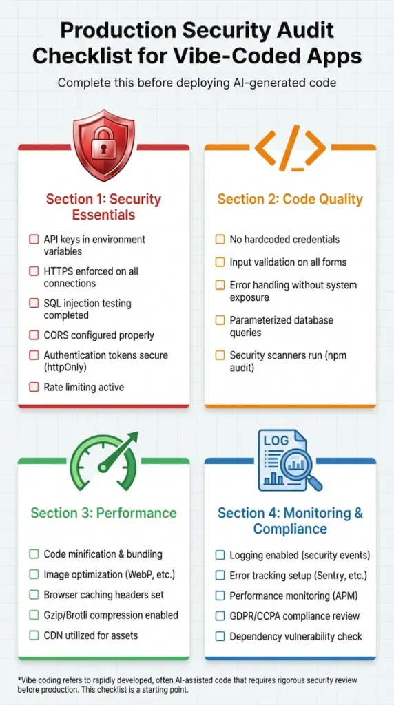 The Complete Guide to Vibe Coding (Beginner to Expert) 2026 6 Production security audit checklist for vibe coding showing 30 essential checks across security code quality performance monitoring UX and legal compliance before deploying AI generated code