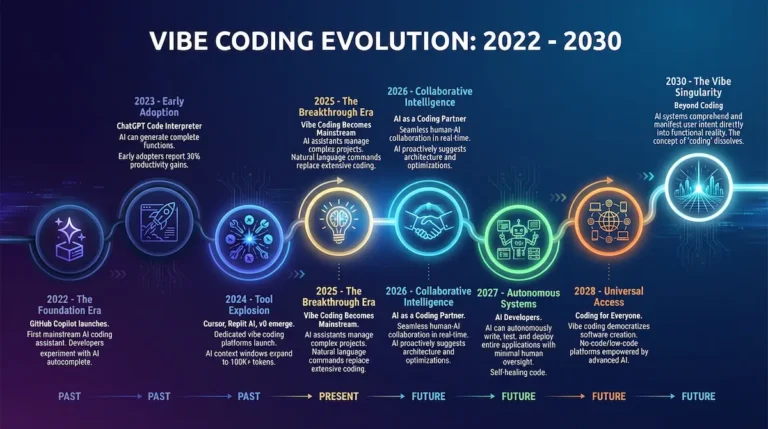 Vibe coding evolution timeline from 2022 to 2030 showing GitHub Copilot launch, ChatGPT emergence, Andrej Karpathy coining term, current 78% adoption, and predictions for domain-specific AI agents and autonomous systems