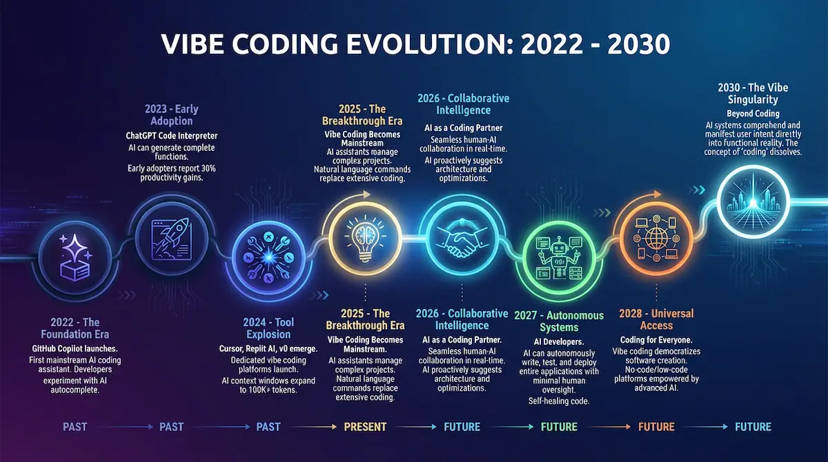 Vibe coding evolution timeline from 2022 to 2030 showing GitHub Copilot launch, ChatGPT emergence, Andrej Karpathy coining term, current 78% adoption, and predictions for domain-specific AI agents and autonomous systems