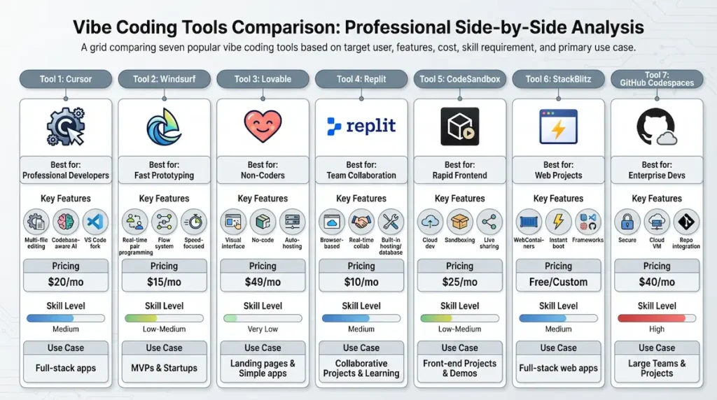 The Complete Guide to Vibe Coding (Beginner to Expert) 2026 2 Vibe coding tools comparison 2026 showing Cursor, Windsurf, Lovable, Replit, Bolt.new, v0, and GitHub Copilot with pricing and features