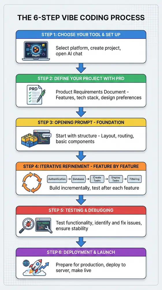 The Complete Guide to Vibe Coding (Beginner to Expert) 2026 3 Vibe coding workflow diagram showing 6 steps from tool selection through deployment the complete process for building apps with AI