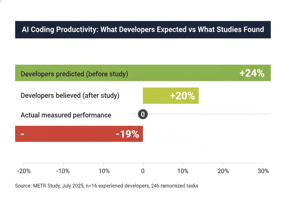 Bar chart comparing AI coding productivity: developers expected plus 24 percent, believed plus 20 percent after, but actually measured minus 19 percent, METR study 2025