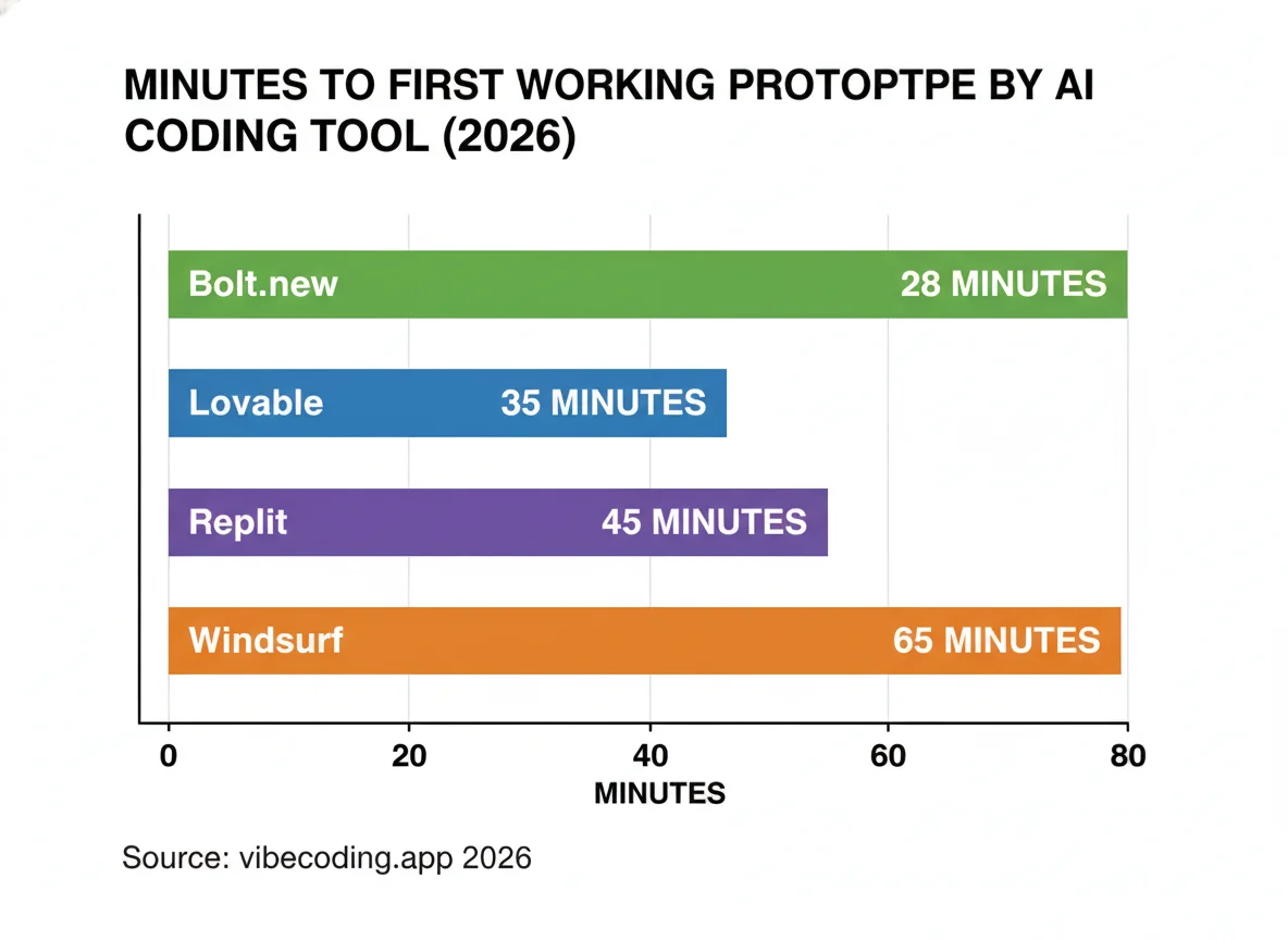 Bar chart: minutes to first working prototype by AI coding tool, Bolt 28, Lovable 35, Replit 45, Windsurf 65
