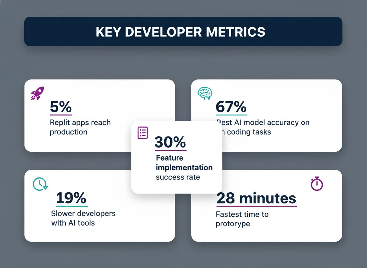 AI coding tools reality check: 5% deployment rate, 67% best AI model accuracy, 30% feature resolution, 19% slower with AI, 28 min fastest prototype
