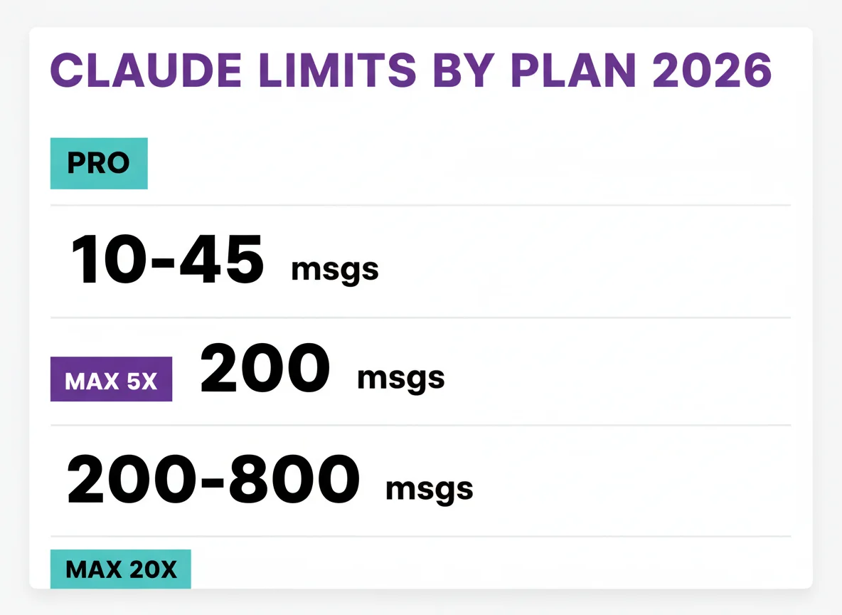 Claude limits by plan 2026: Pro 10-45 messages, Max 5x 50-200 messages, Max 20x 200-800 messages