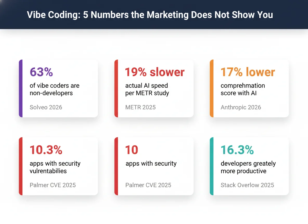 Infographic: 5 numbers the marketing doesn't show you about vibe coding, 63% non-developers, 19% slower actual performance, 17% lower comprehension, 10.3% apps with security vulnerabilities, 16.3% greatly more productive