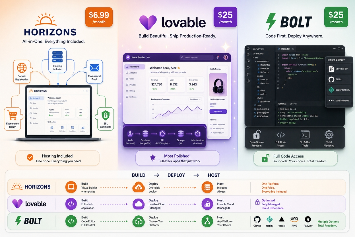 Hostinger Horizons vs Lovable vs Bolt