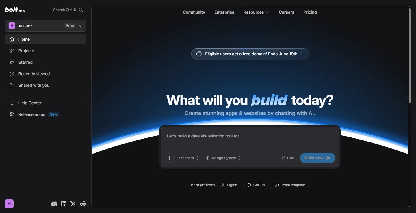 Bolt.new build screen asking what will you build today with a prompt and project sidebar
