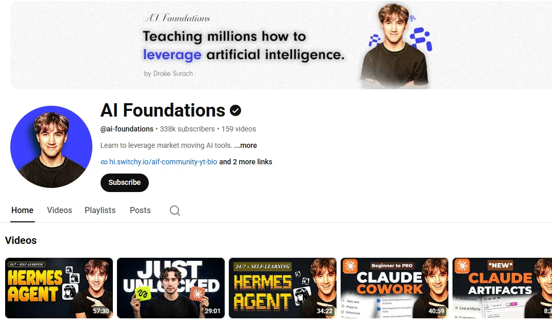Vibe Coding Statistics 2026: Adoption, Money, Risk and the Creators Behind It 3 AI Foundations YouTube channel page showing 338K subscribers