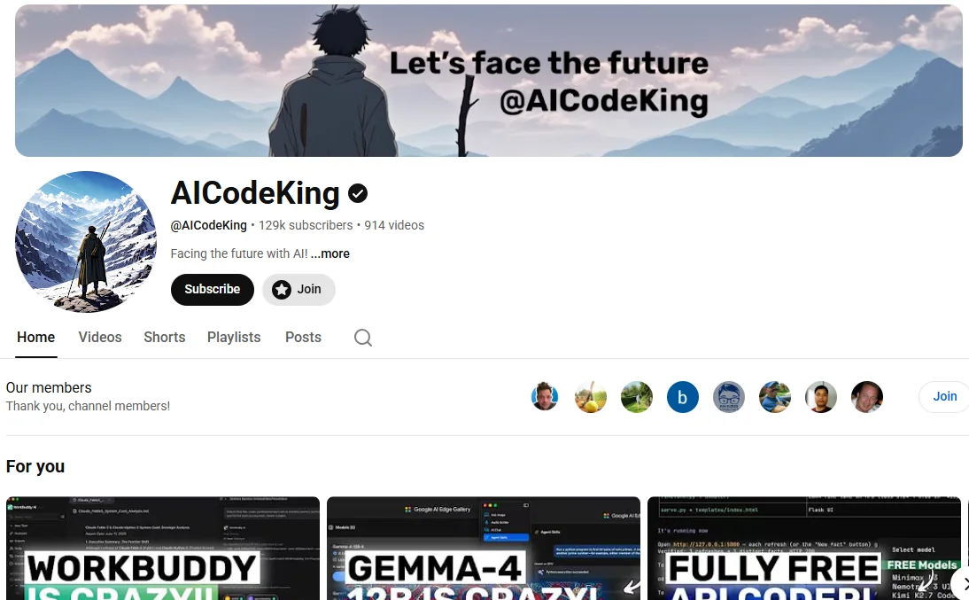 Vibe Coding Statistics 2026: Adoption, Money, Risk and the Creators Behind It 6 AICodeKing YouTube channel page showing 129K subscribers