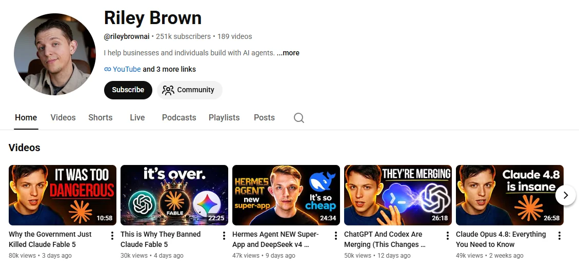 Vibe Coding Statistics 2026: Adoption, Money, Risk and the Creators Behind It 4 Riley Brown YouTube channel page showing 251K subscribers