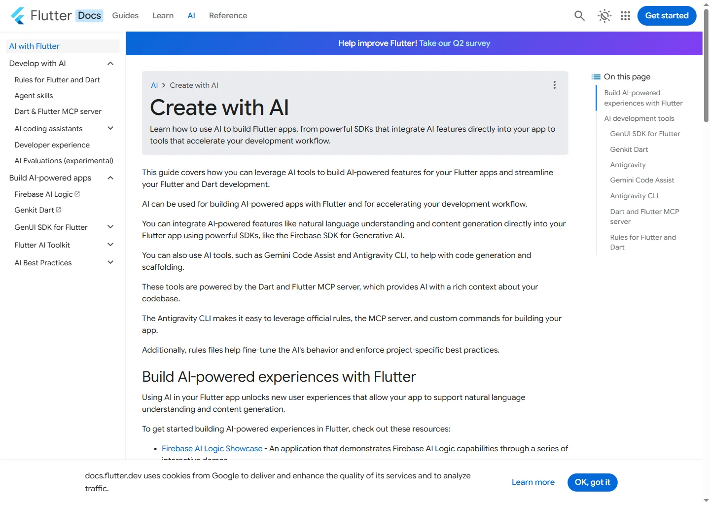 Flutter's official Create with AI documentation page, showing AI-assisted ways to build Flutter apps