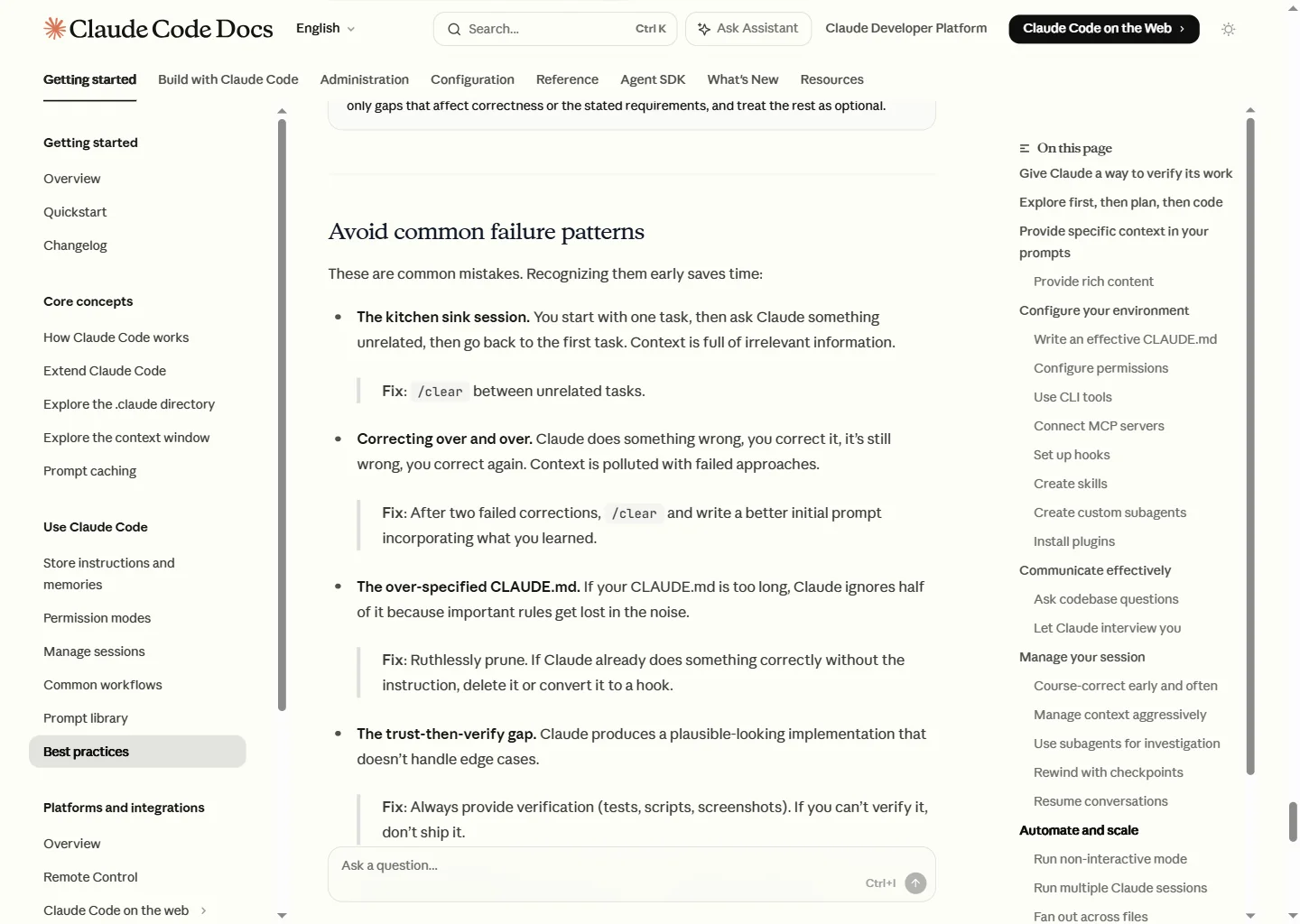 Anthropic's official Claude Code documentation listing common beginner failure patterns including the kitchen-sink session and the trust-then-verify gap