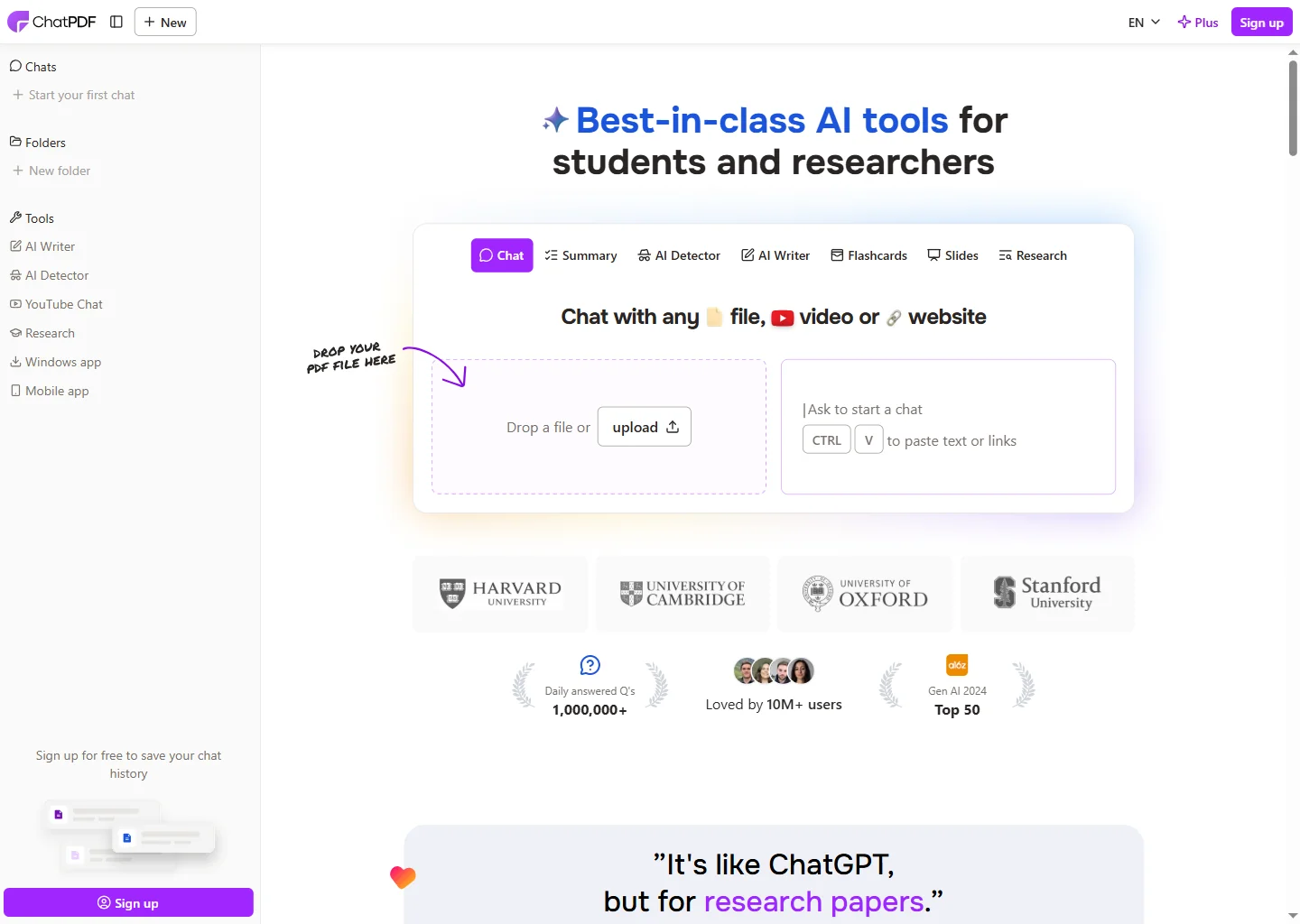 ChatPDF homepage, a real chat-with-a-PDF AI wrapper, with the tagline it's like ChatGPT but for research papers