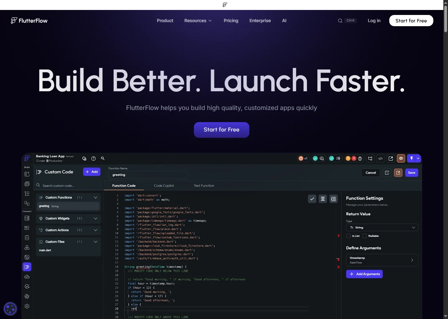 The FlutterFlow visual builder interface, showing the no-code canvas alongside the underlying Flutter code