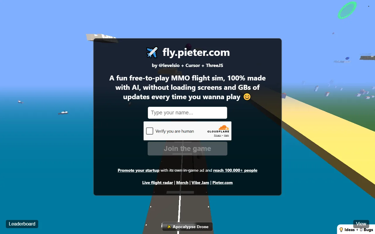 The live fly.pieter.com browser flight simulator, with its tagline crediting levelsio, Cursor and ThreeJS and a 100 percent made with AI line