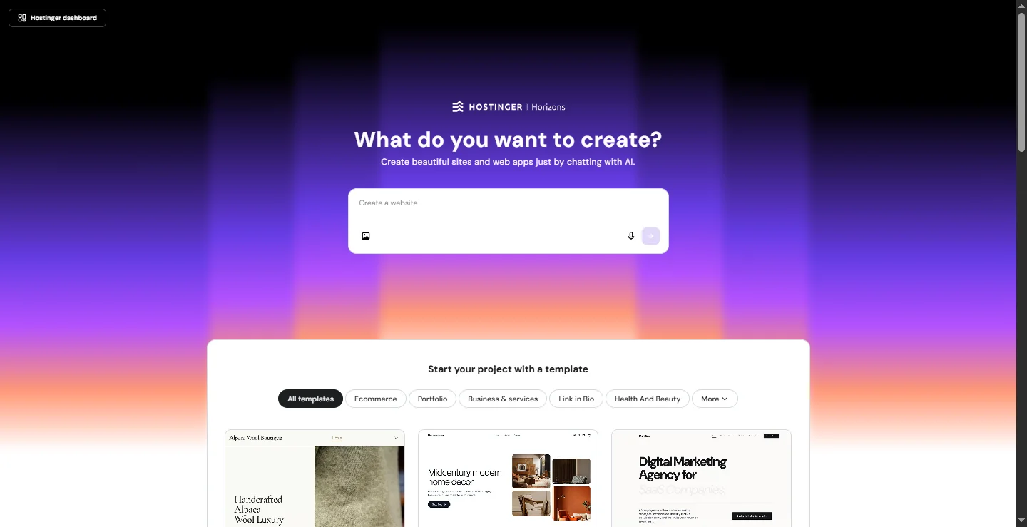 Hostinger Horizons build screen asking what do you want to create with a prompt box and template gallery