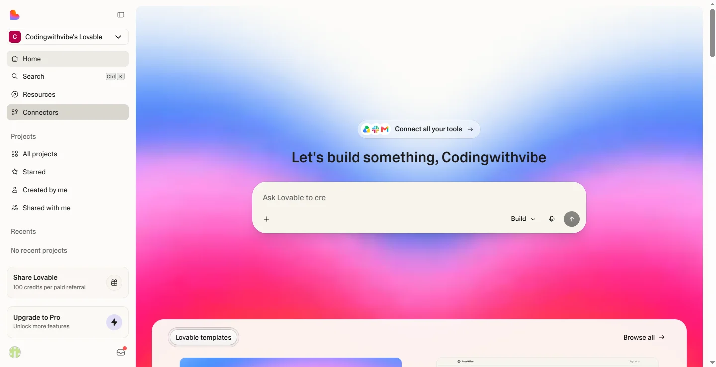 Lovable build screen with a chat prompt to start building a full-stack app