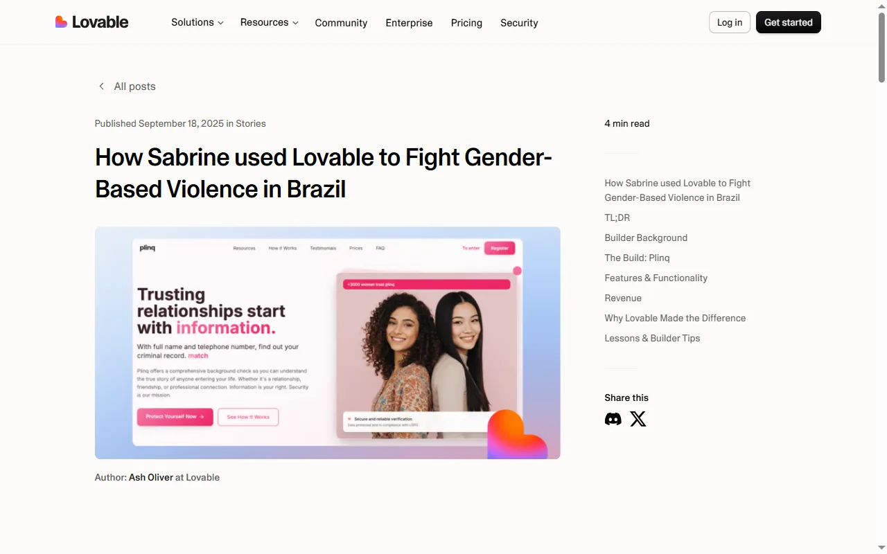 Lovable case study page titled How Sabrine used Lovable to Fight Gender-Based Violence in Brazil, showing the Plinq app interface