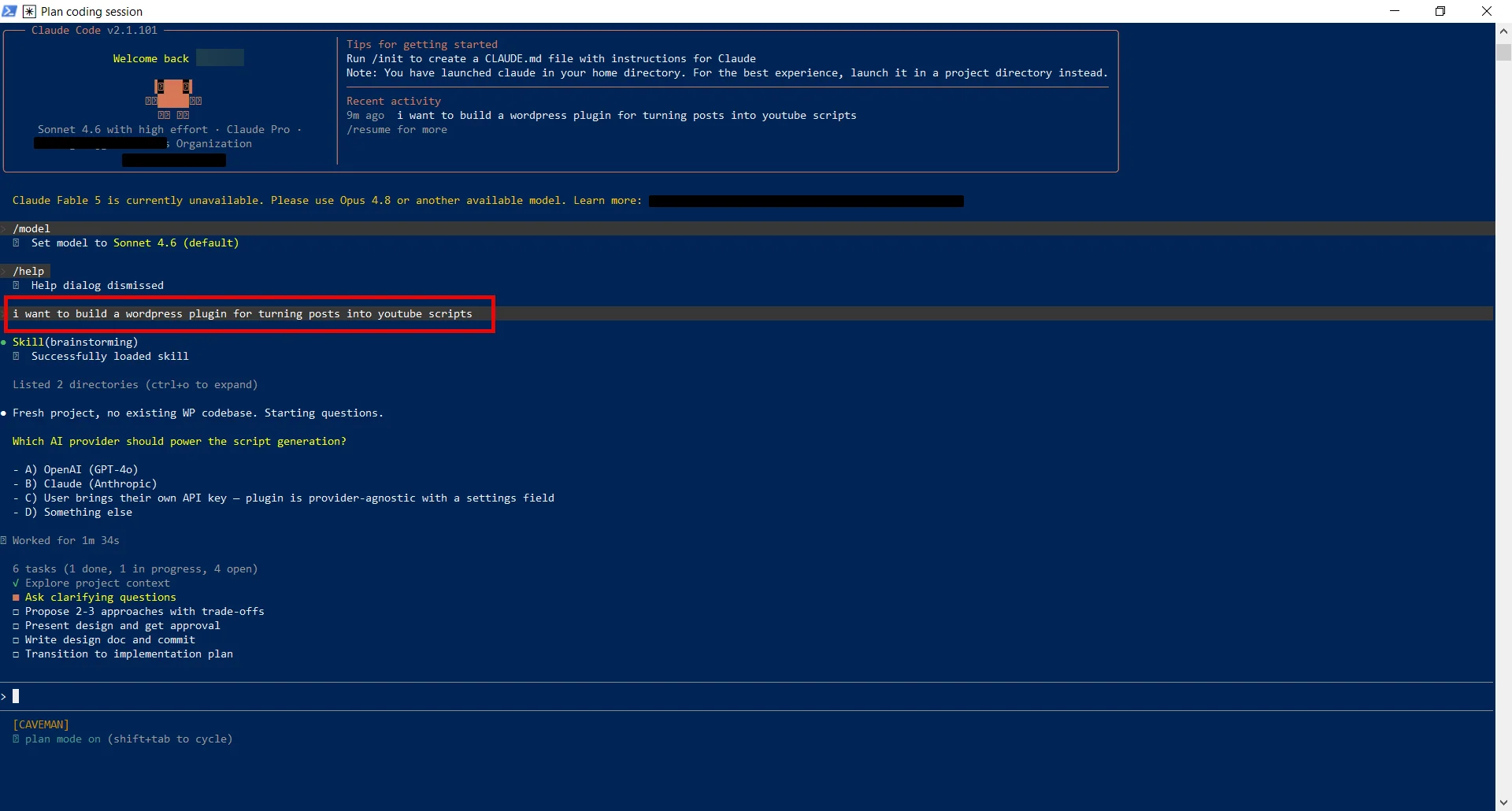Plan Mode in a real Claude Code session, with Claude asking clarifying questions before writing any code