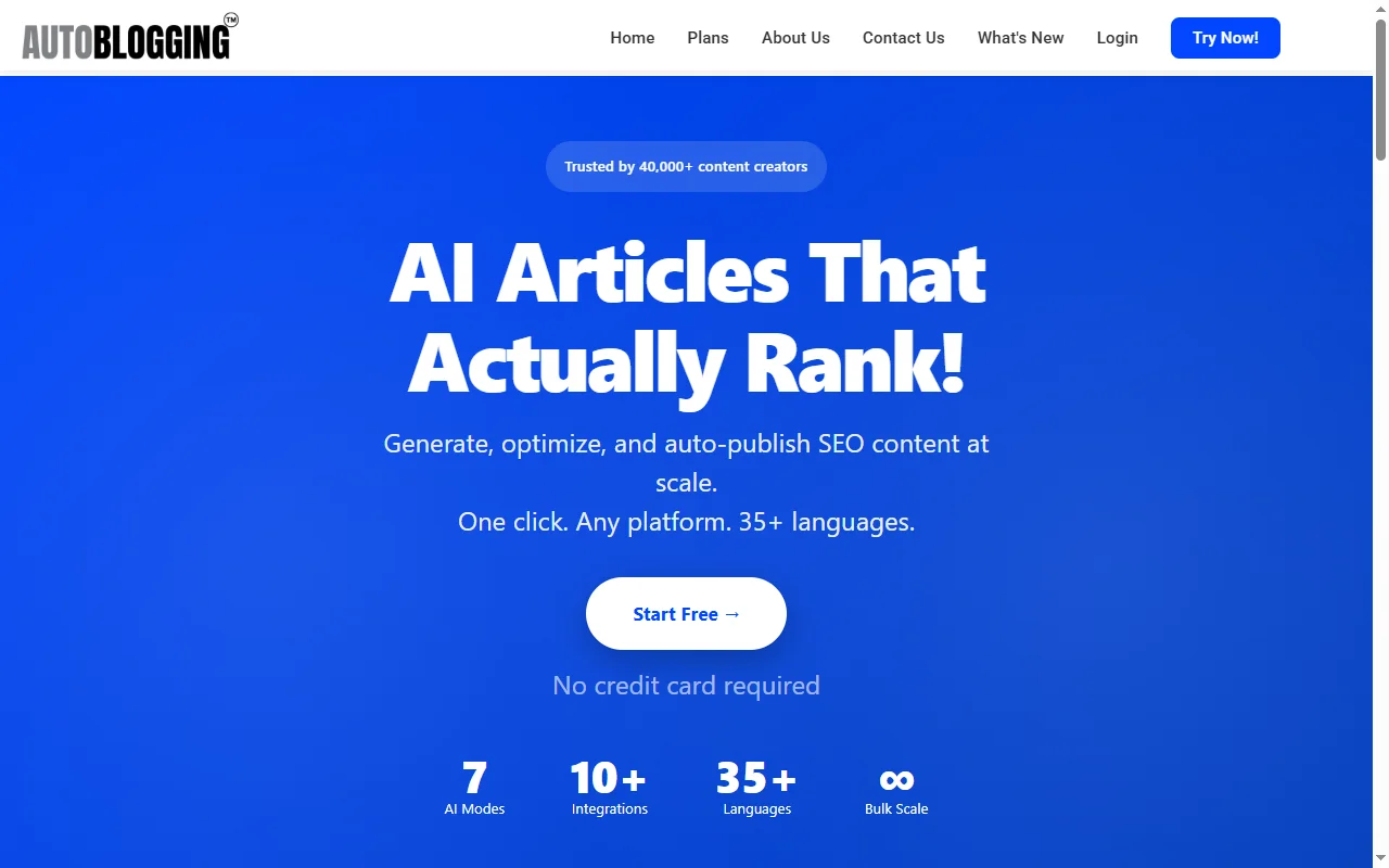 Autoblogging.ai homepage advertising one-click AI articles that auto-publish to any platform, the tool behind the sub-dollar cost per article