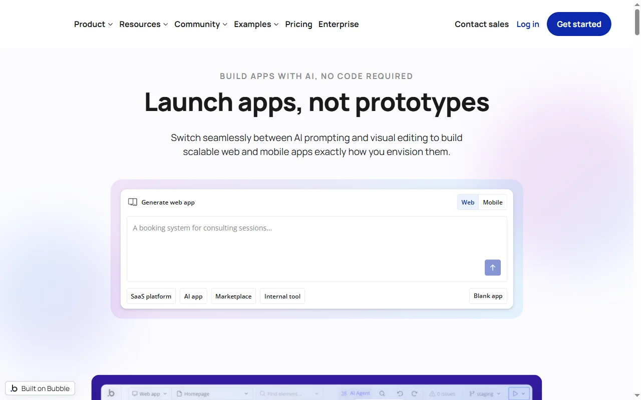 Bubble homepage headline reading Build apps with AI, no code required