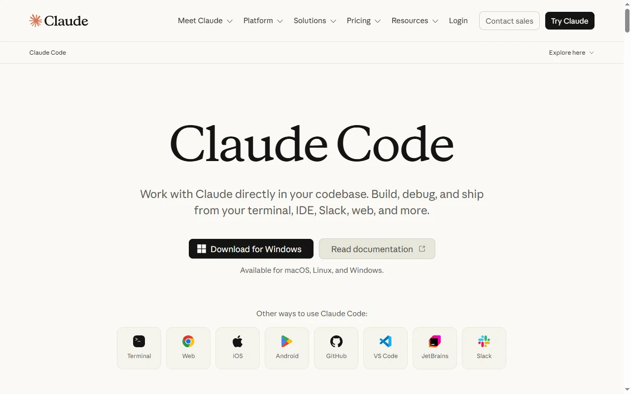 Claude Code product page: work with Claude directly in your codebase from the terminal, IDE, Slack and web