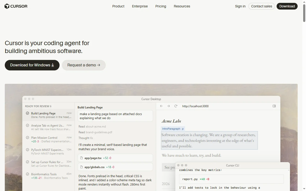 Cursor coding agent homepage showing the Cursor desktop agent building a landing page, the VS Code-based rival to Claude Code