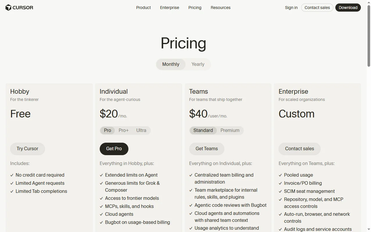 Cursor pricing page showing the 20 dollar per month Individual plan, the flat-rate option in this AI coding tool comparison