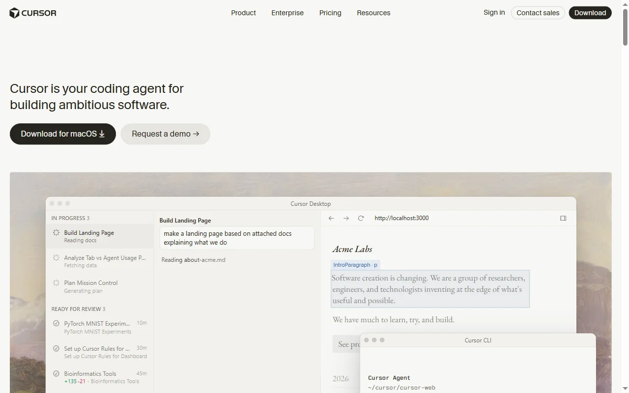 Cursor homepage describing itself as an AI coding agent for building software