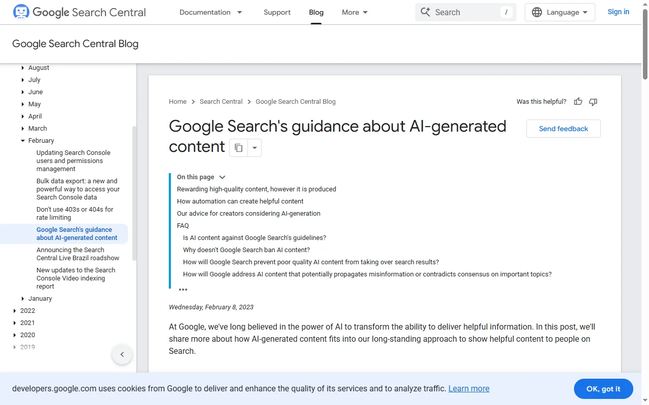 Google Search Central guidance about AI-generated content confirming AI authorship is not prohibited if the content is helpful and people-first