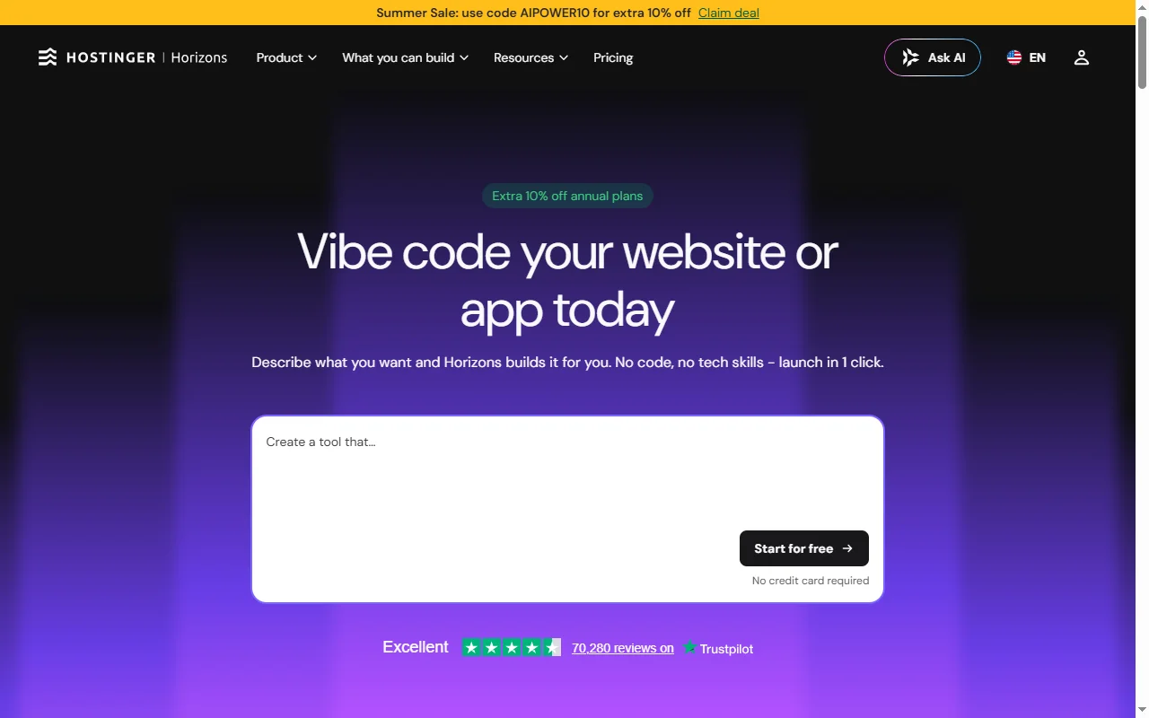 Hostinger for vibe coders: describe your app in plain English and Horizons generates a full-stack build