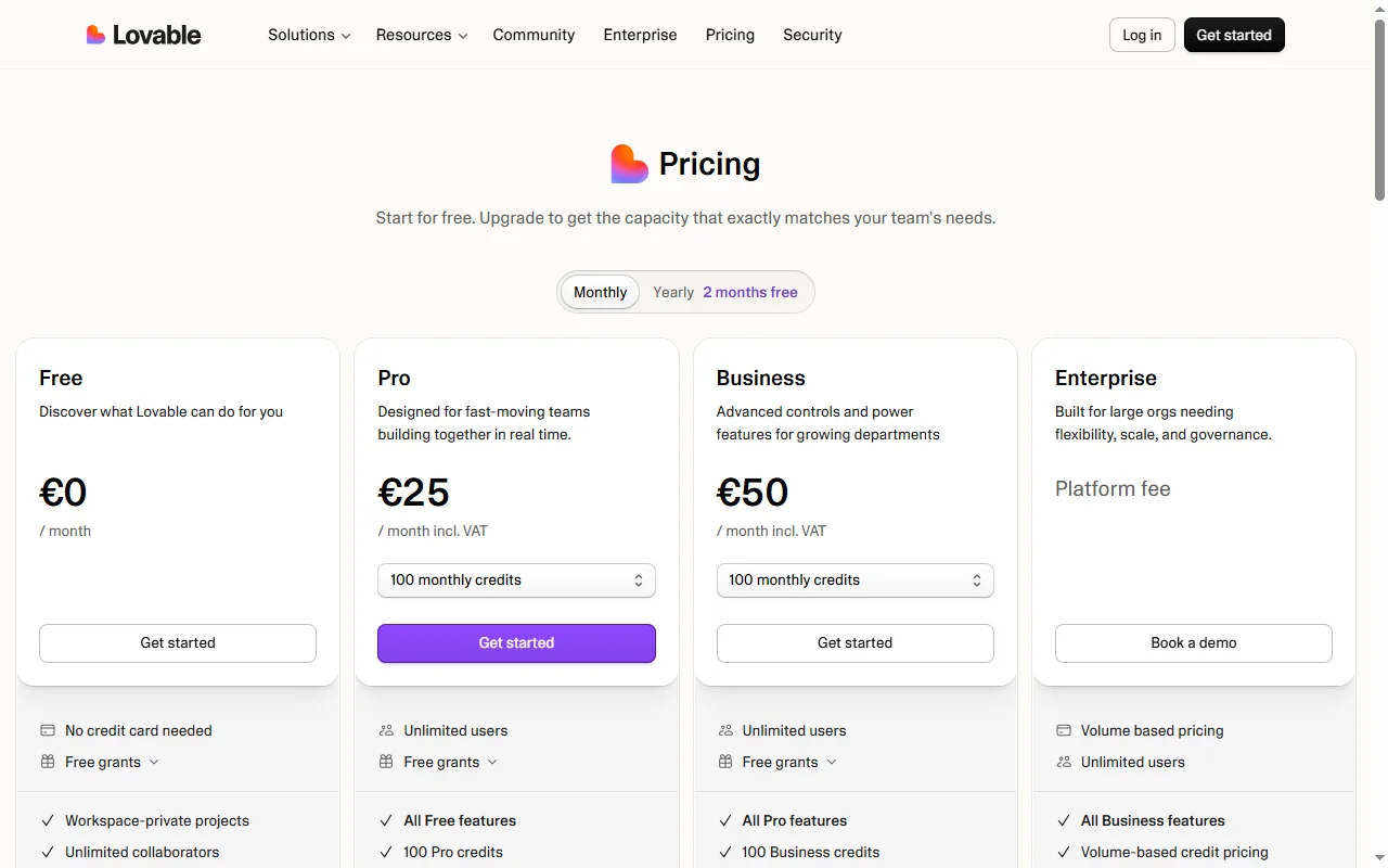 Lovable pricing page showing the 25 euro per month Pro plan with 100 monthly credits, the credit-based model discussed in this comparison