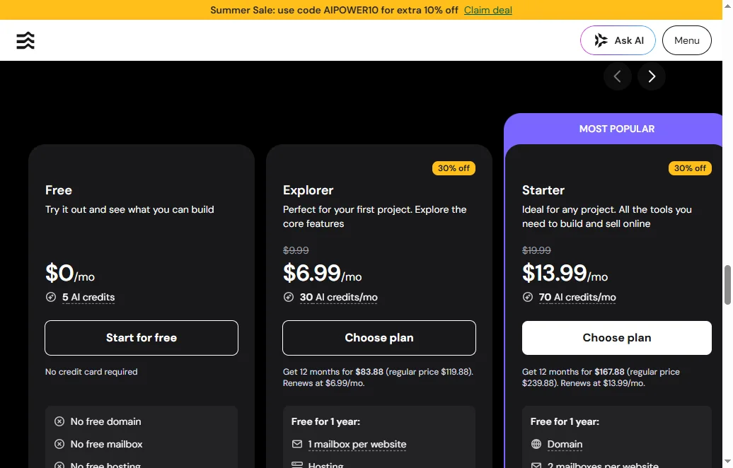 Hostinger Horizons pricing showing the Free, Explorer at 6.99 dollars and Starter at 13.99 dollars per month tiers with their AI credit allowances