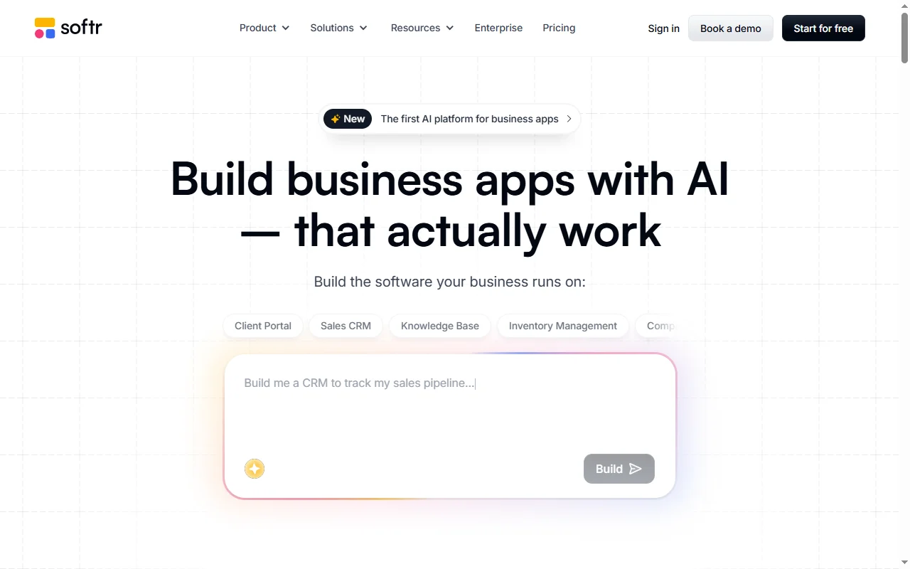 Softr no-code builder homepage showing prompts to build a client portal, sales CRM or dashboard app on top of your existing data