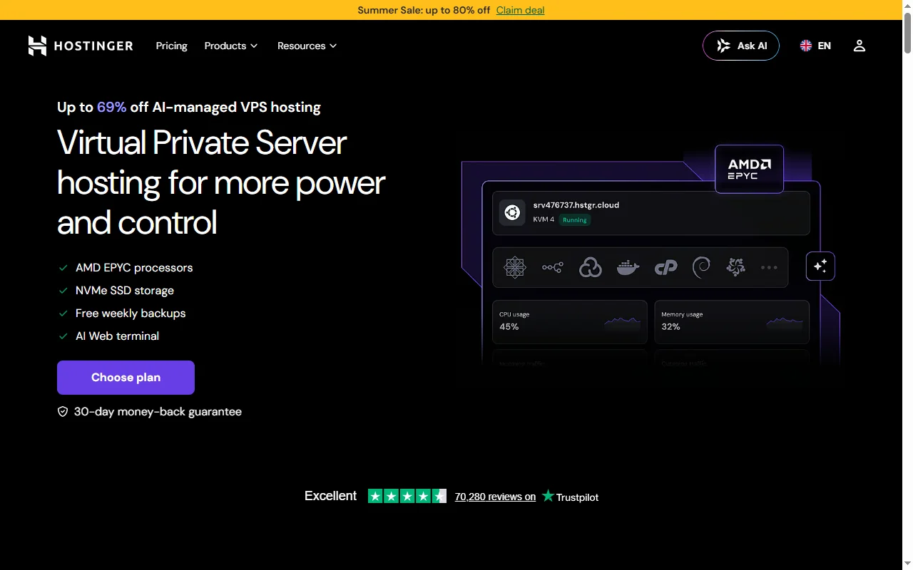 Hostinger VPS hosting: AMD EPYC processors, NVMe SSD storage and an AI web terminal, the infrastructure layer for vibe coders who outgrow shared hosting