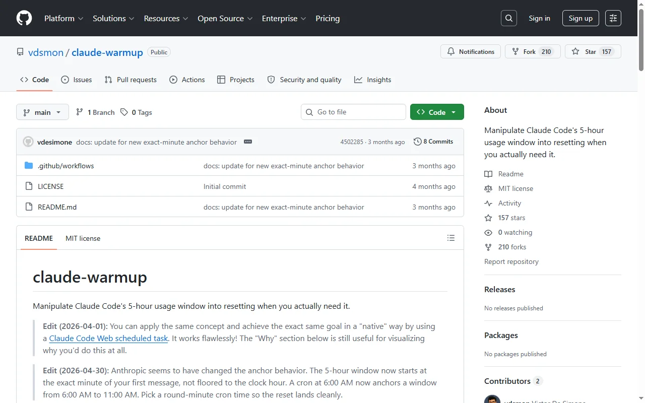 claude-warmup GitHub repository that manipulates Claude Code's 5-hour usage window into resetting when you need it
