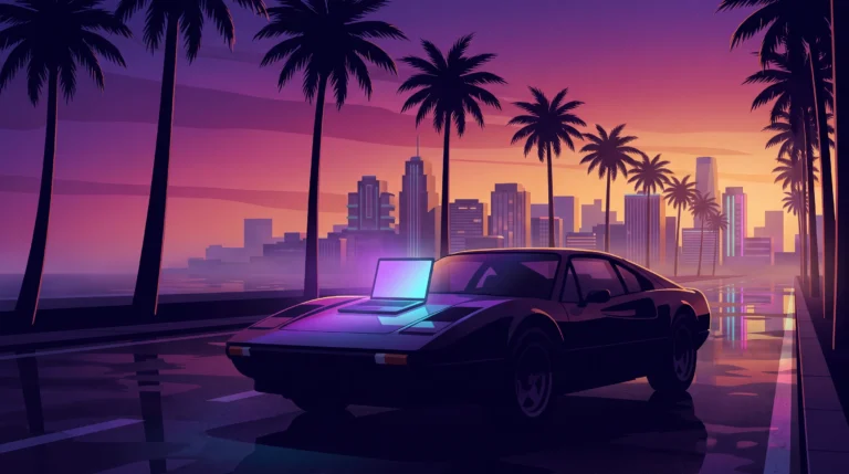 Neon Miami dusk skyline with palm trees and a laptop glowing on the bonnet of a sports car